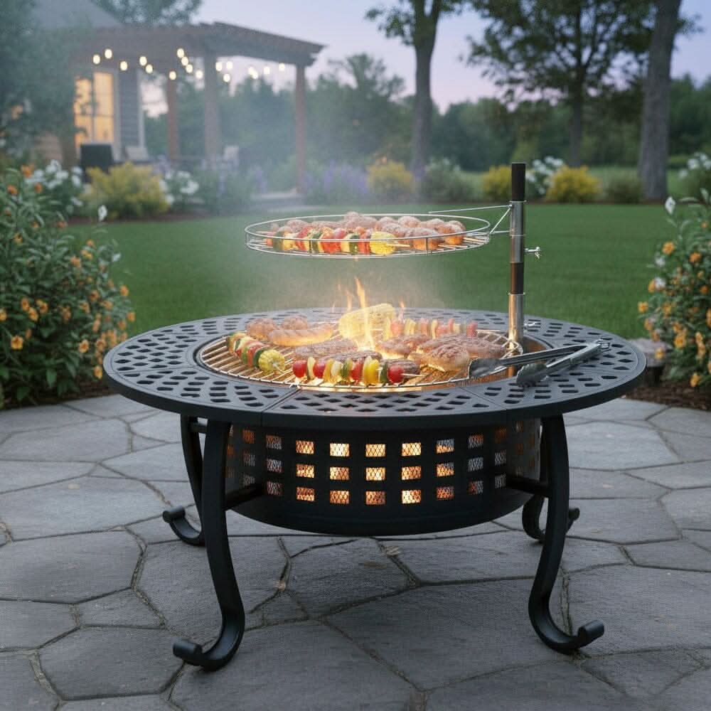 Large Round Fire Pit & BBQ Grill | 93cm Diameter Outdoor Fire Bowl for Garden & Camping