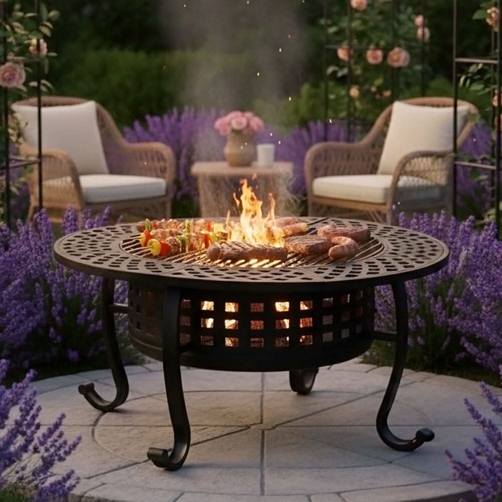 Large Round Fire Pit & BBQ Grill | 93cm Diameter Outdoor Fire Bowl for Garden & Camping