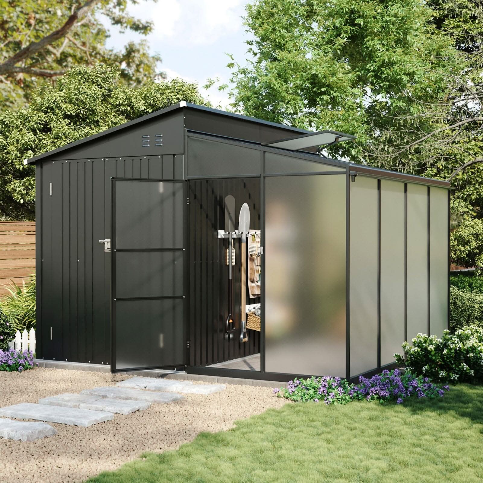 Metal Garden Shed & Greenhouse Combo with Acrylic Panels