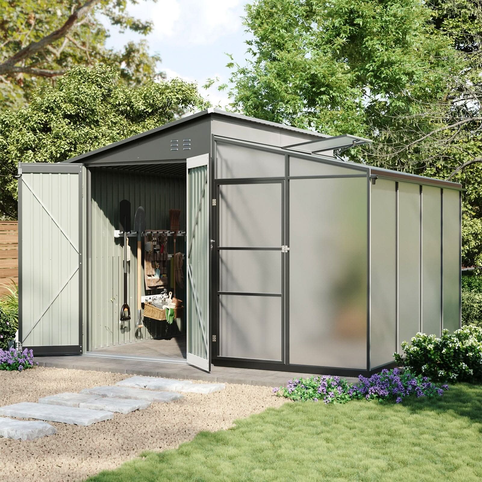 Metal Garden Shed & Greenhouse Combo with Acrylic Panels