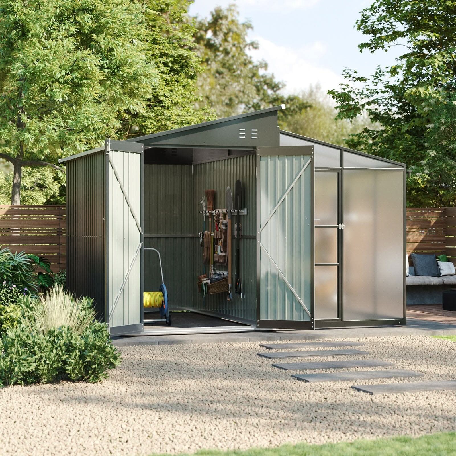 Metal Garden Shed & Greenhouse Combo with Acrylic Panels