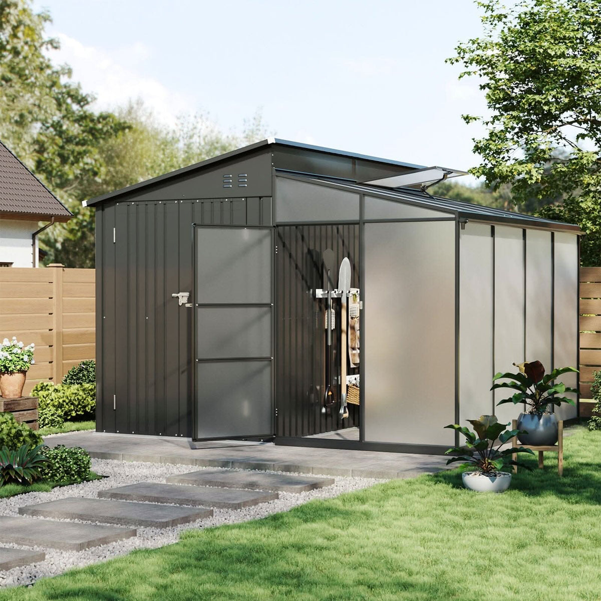 Metal Garden Shed & Greenhouse Combo with Acrylic Panels