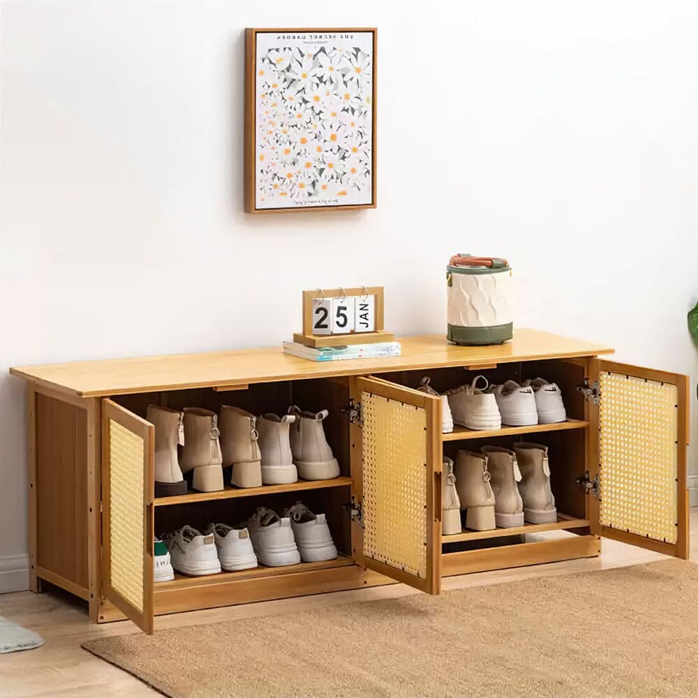 Natural Wood Rattan 4-Door Shoe Storage Bench Hallway Seating Organiser