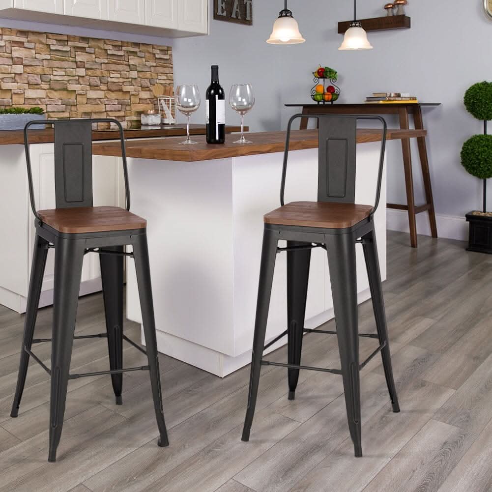 Set of 2/4 Metal Wooden High Bar Stools for Kitchen