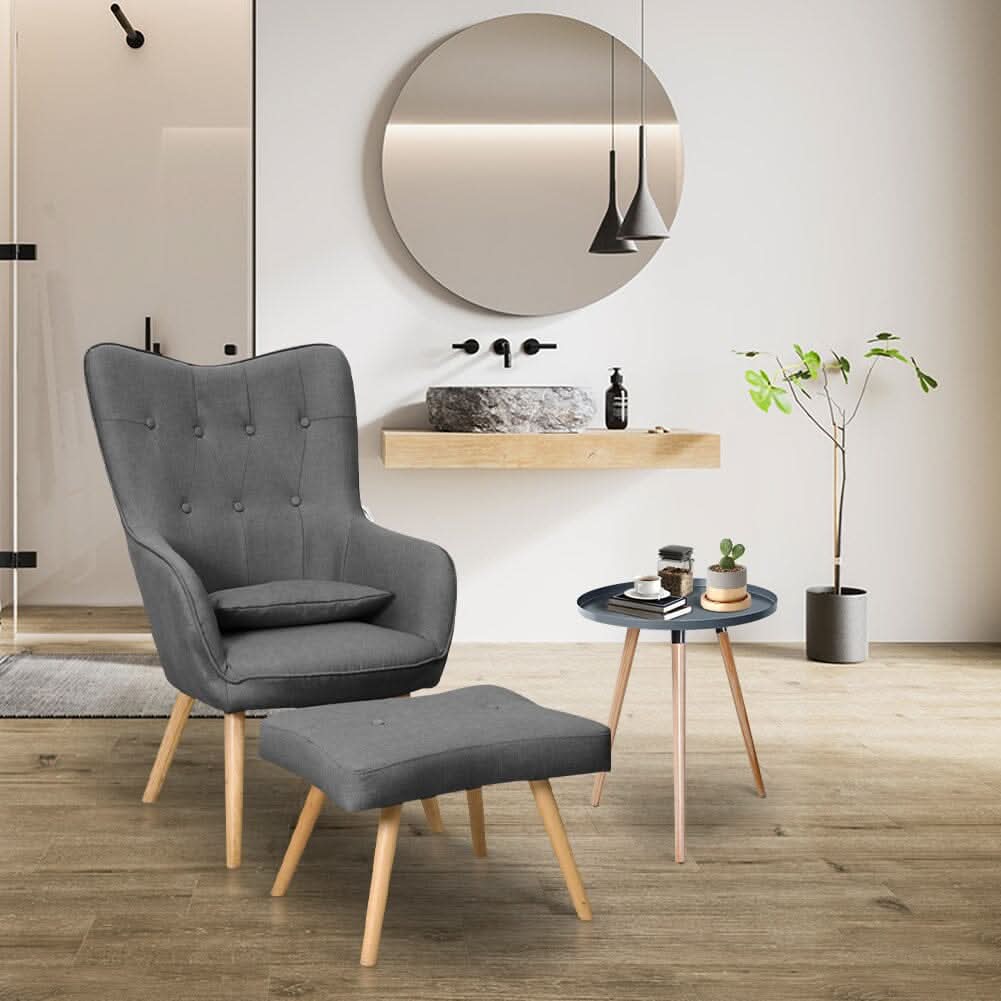 Soft Linen Wingback Lounge Chair and Footstool