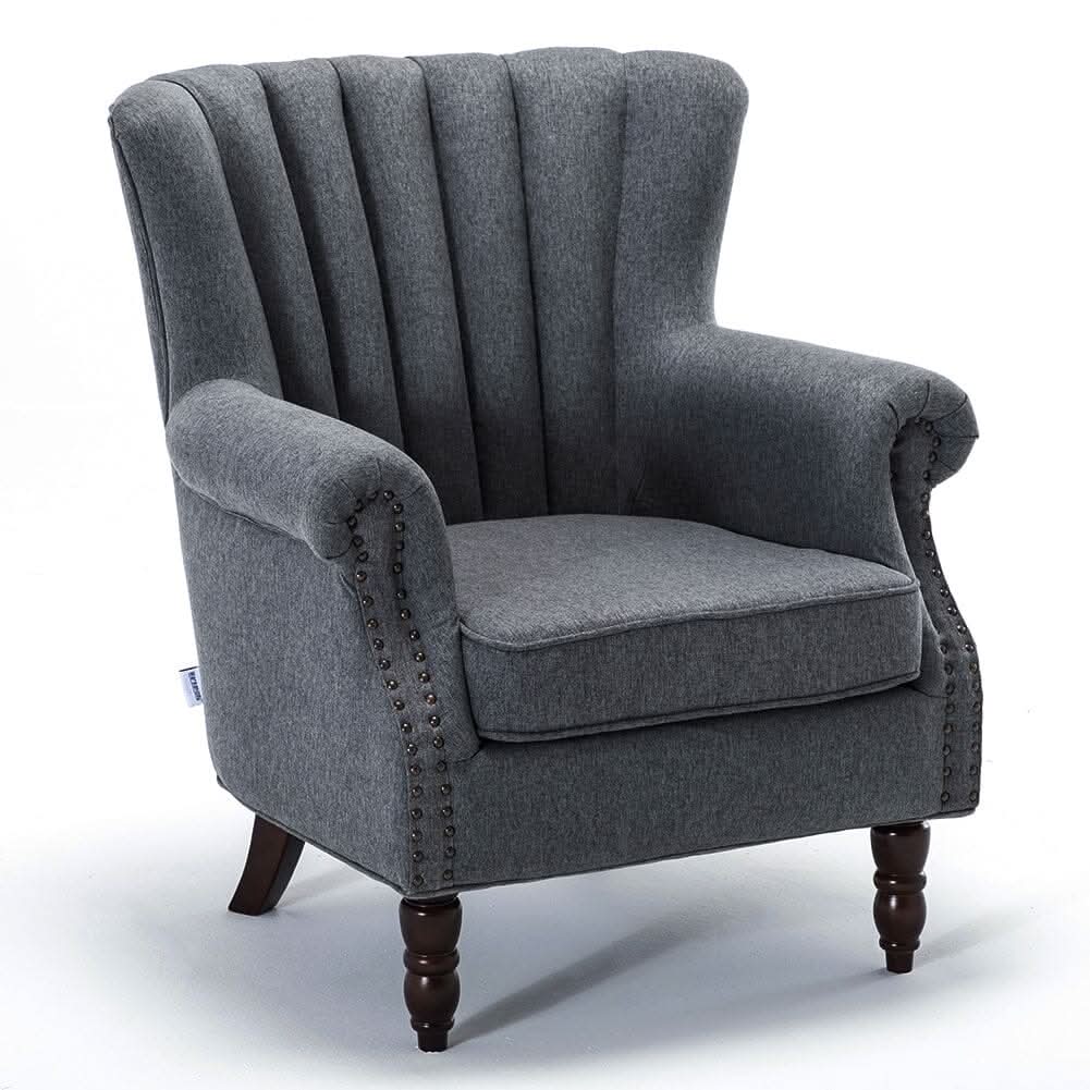Vintage Linen Upholstered Wing Back Armchair