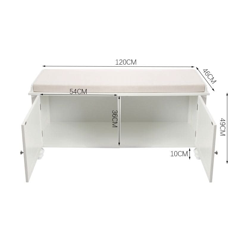 Painted Storage Bench Cabinet with Faux Louvered Doors and Cushioned Seat