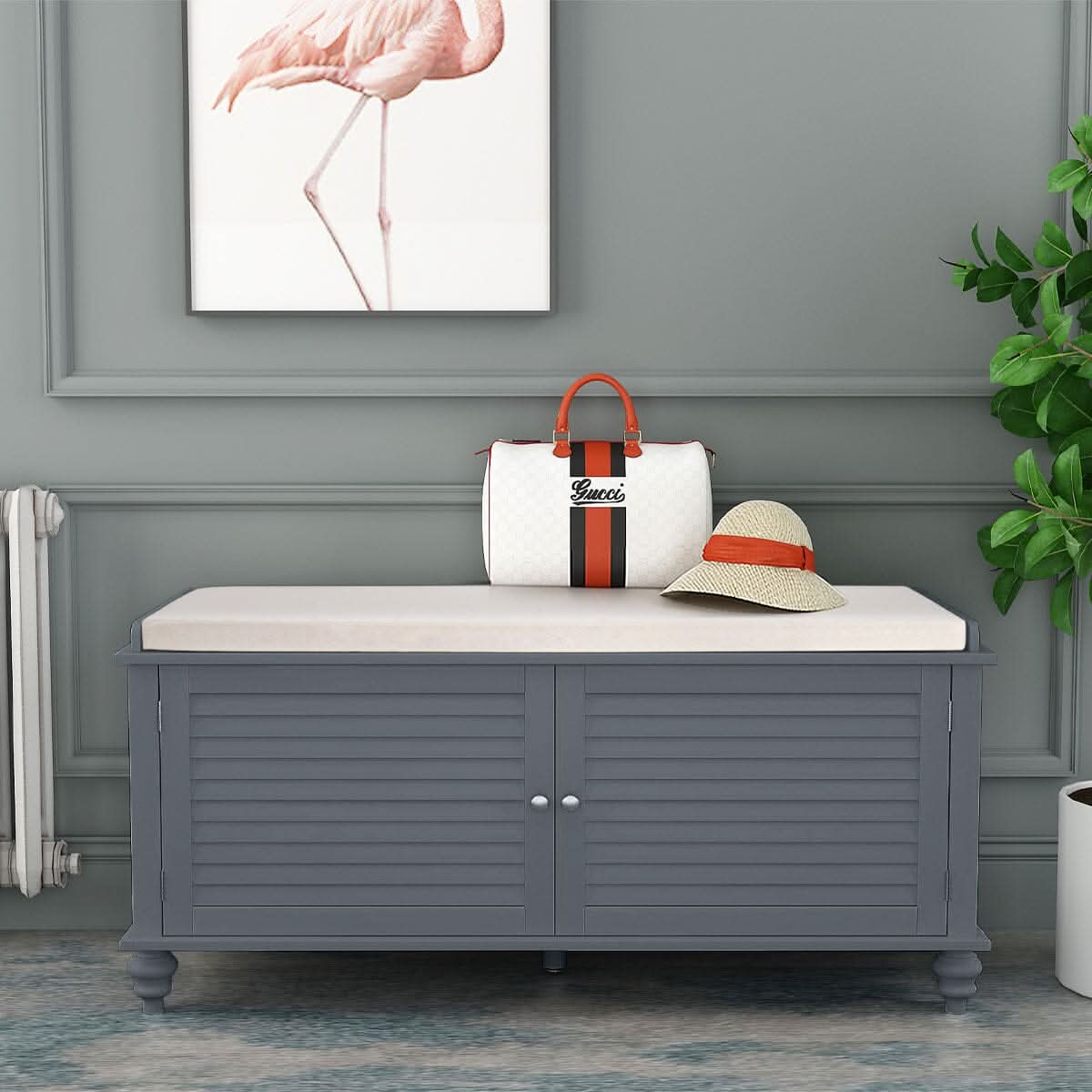 Painted Storage Bench Cabinet with Faux Louvered Doors and Cushioned Seat