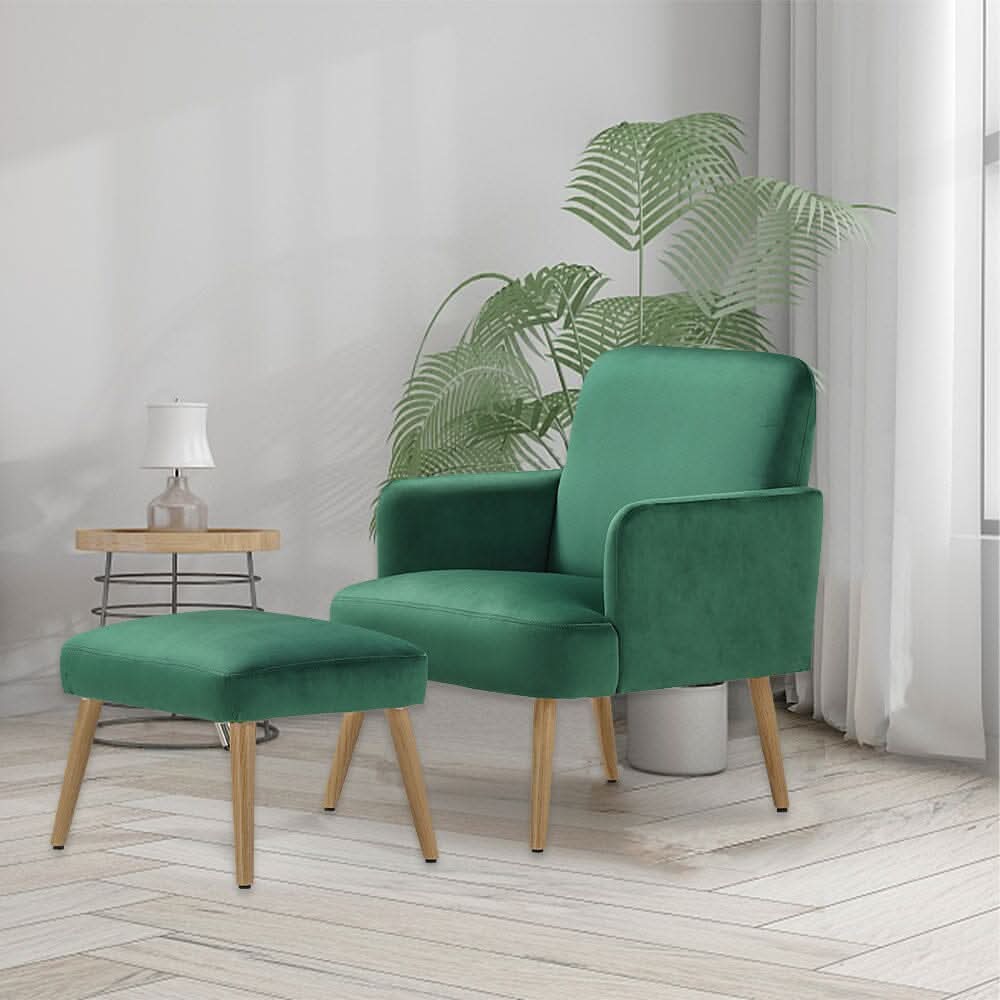 Wooden Legs Velvet Armchair Chair with Footrest