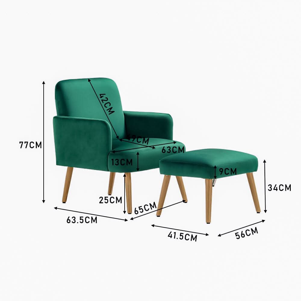 Wooden Legs Velvet Armchair Chair with Footrest