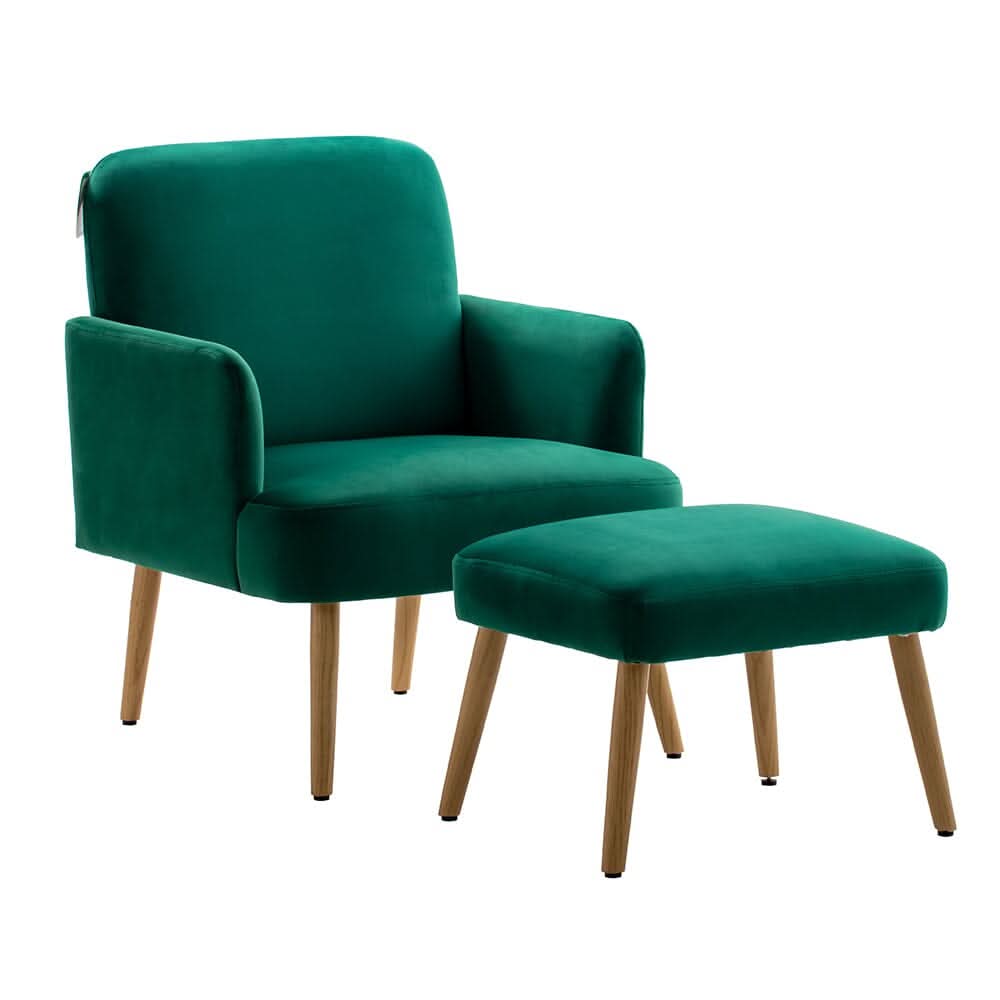 Wooden Legs Velvet Armchair Chair with Footrest