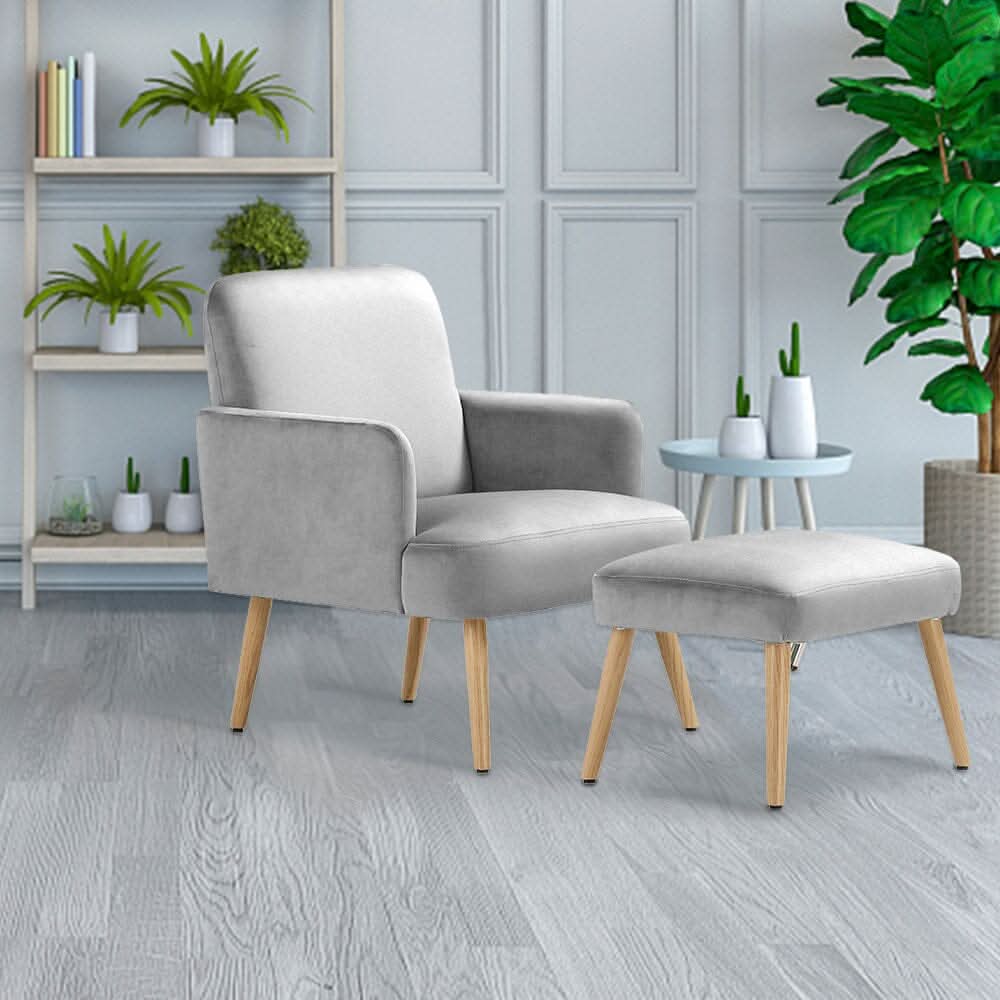 Wooden Legs Velvet Armchair Chair with Footrest