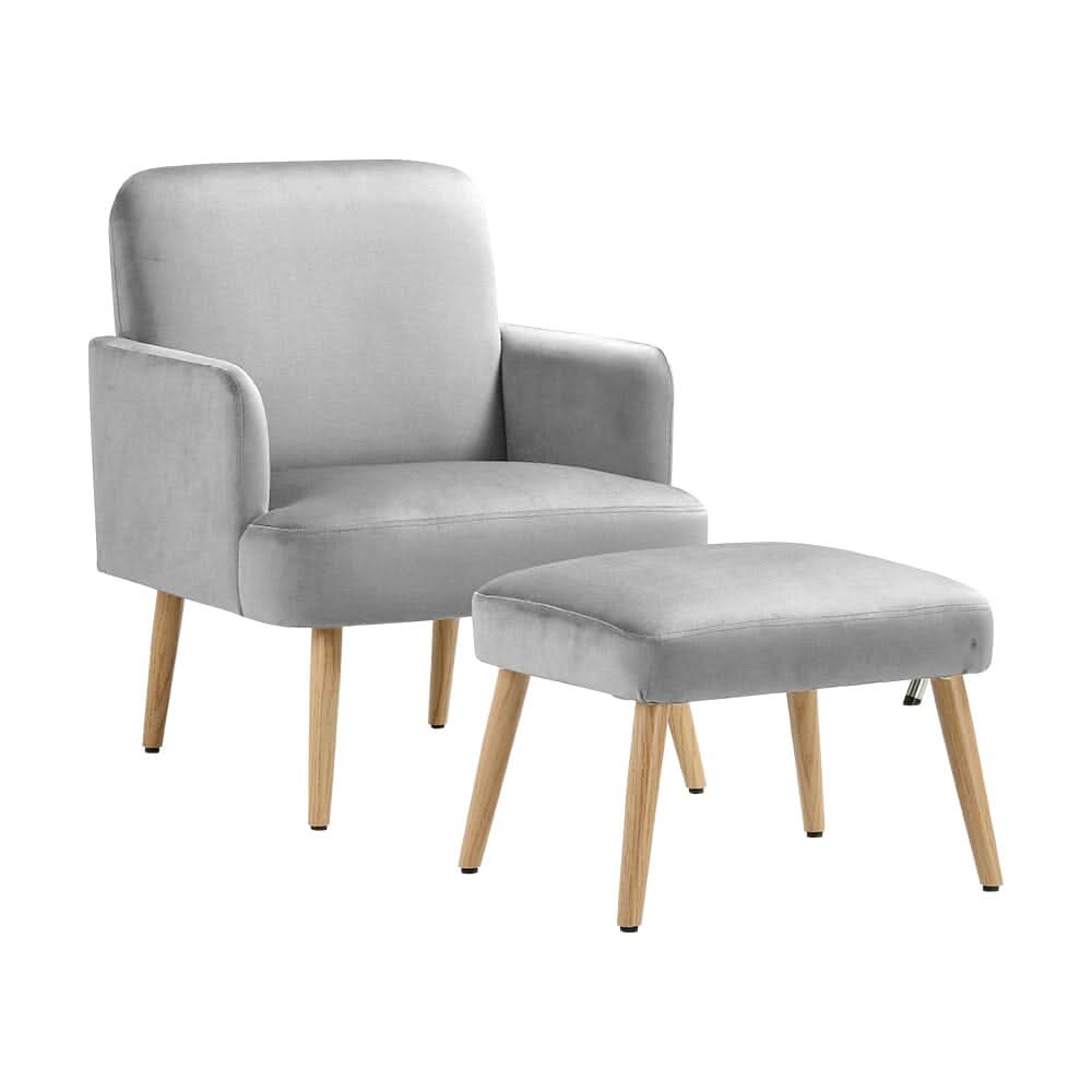 Wooden Legs Velvet Armchair Chair with Footrest