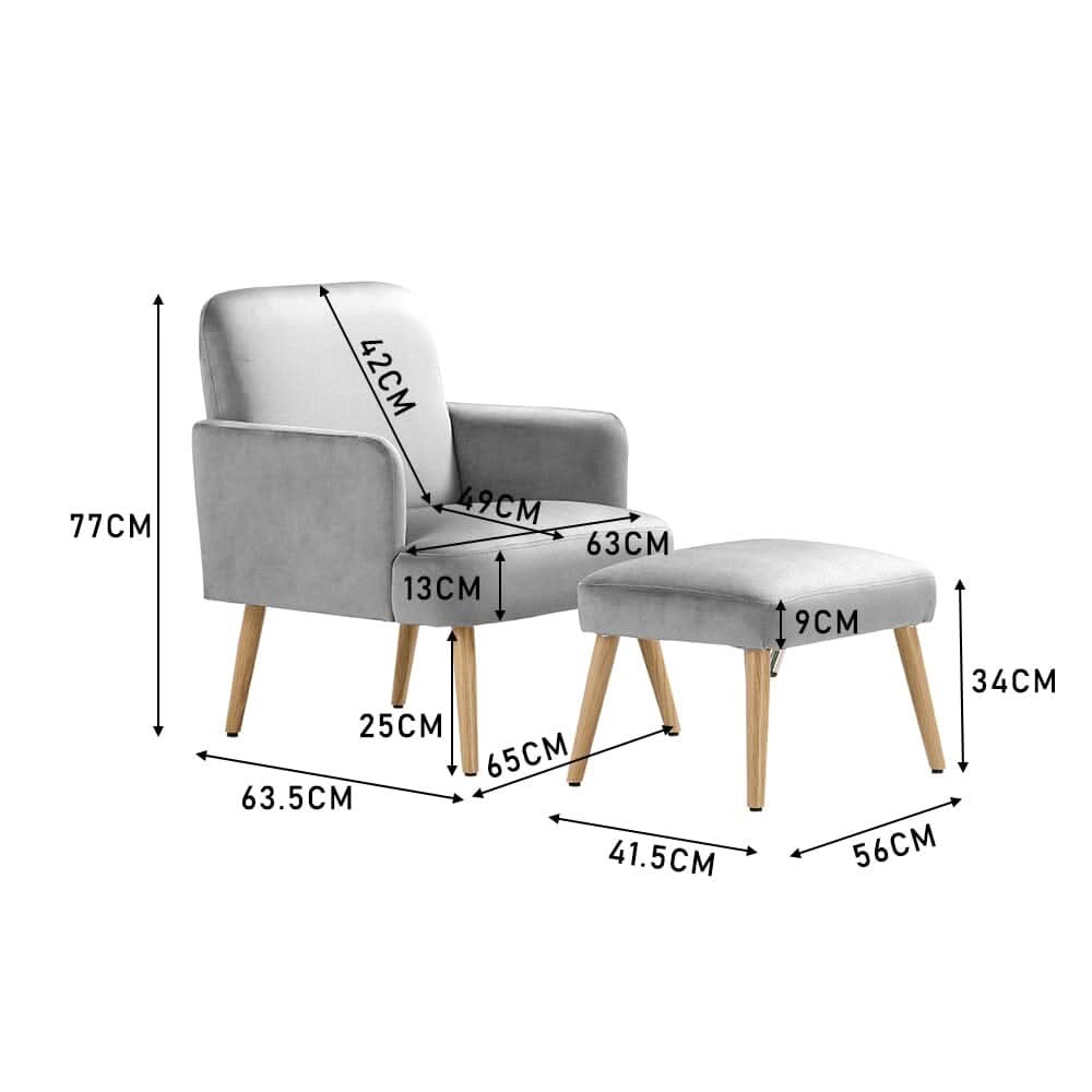 Wooden Legs Velvet Armchair Chair with Footrest