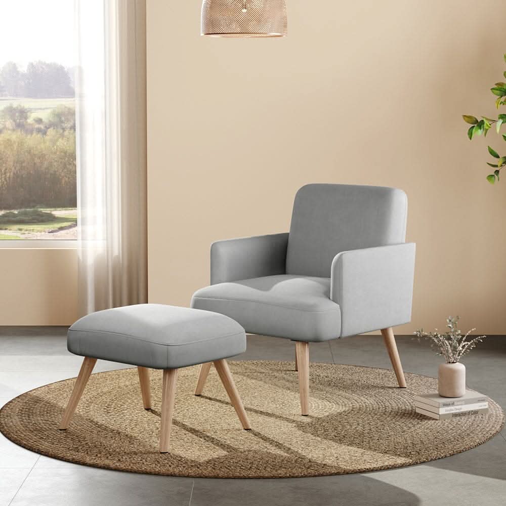 Wooden Legs Velvet Armchair Chair with Footrest