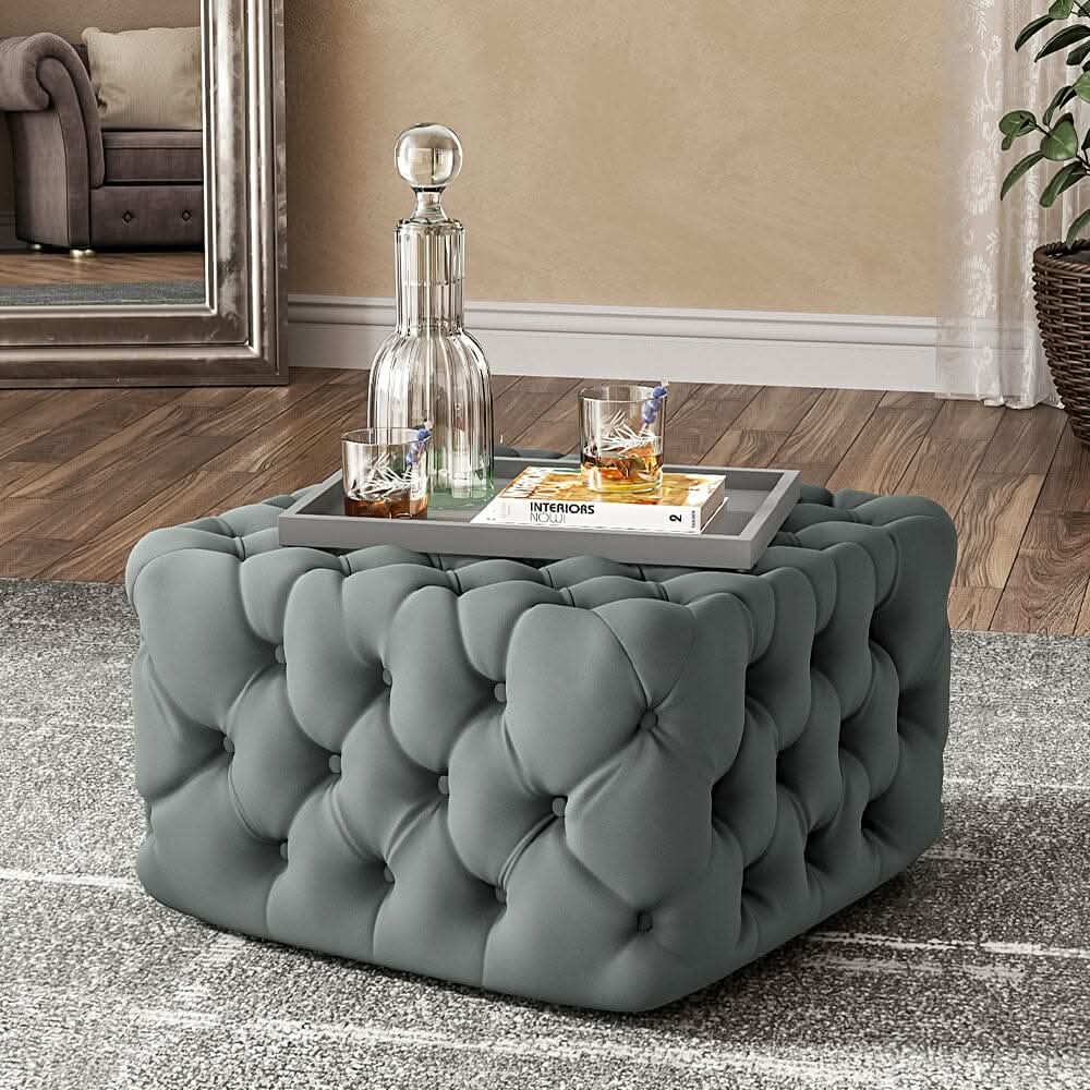 Square Velvet Ottoman Footstool Deep Button