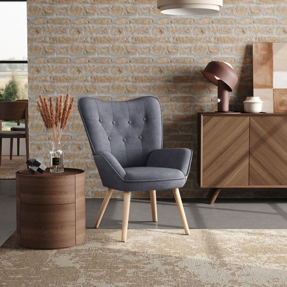Linen Upholstered Accent Chair with Wood Legs