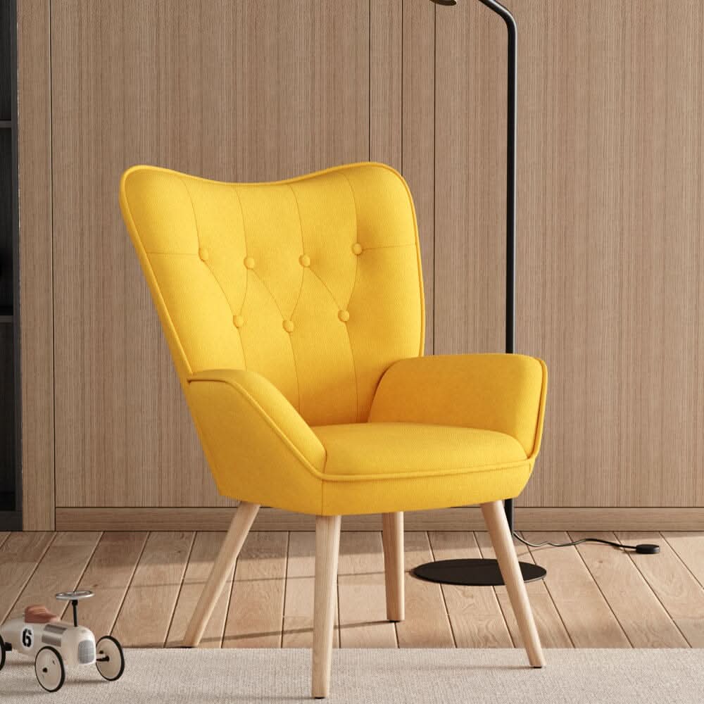 Linen Upholstered Accent Chair with Wood Legs