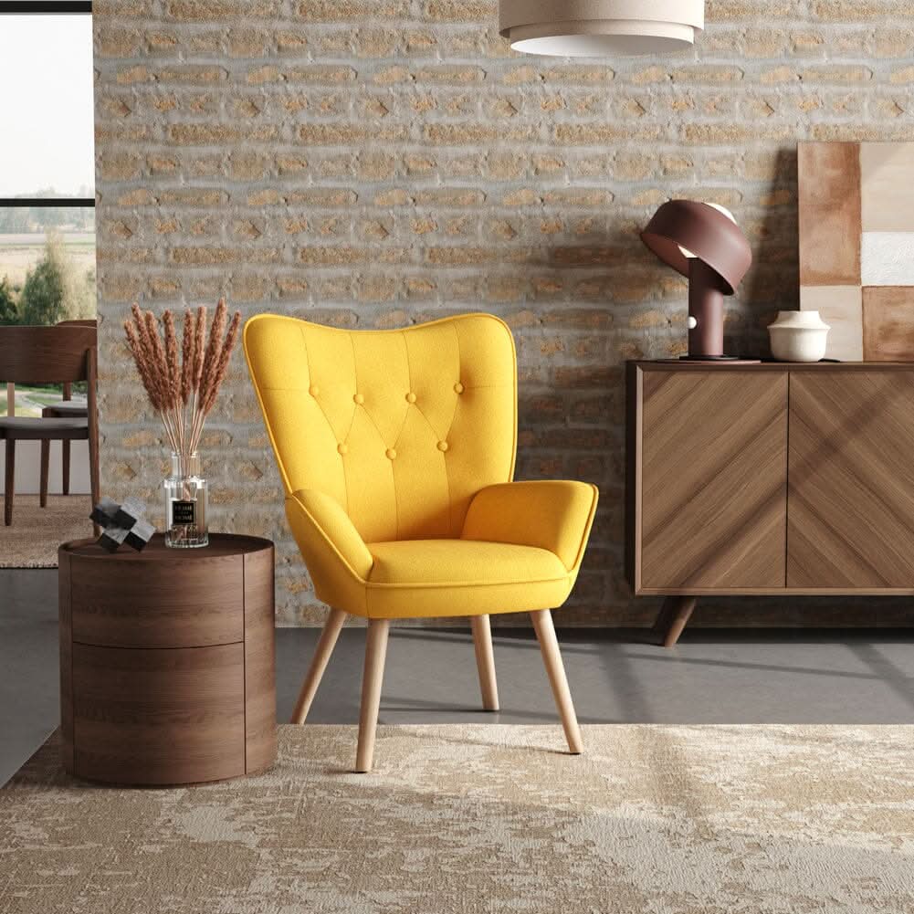 Linen Upholstered Accent Chair with Wood Legs