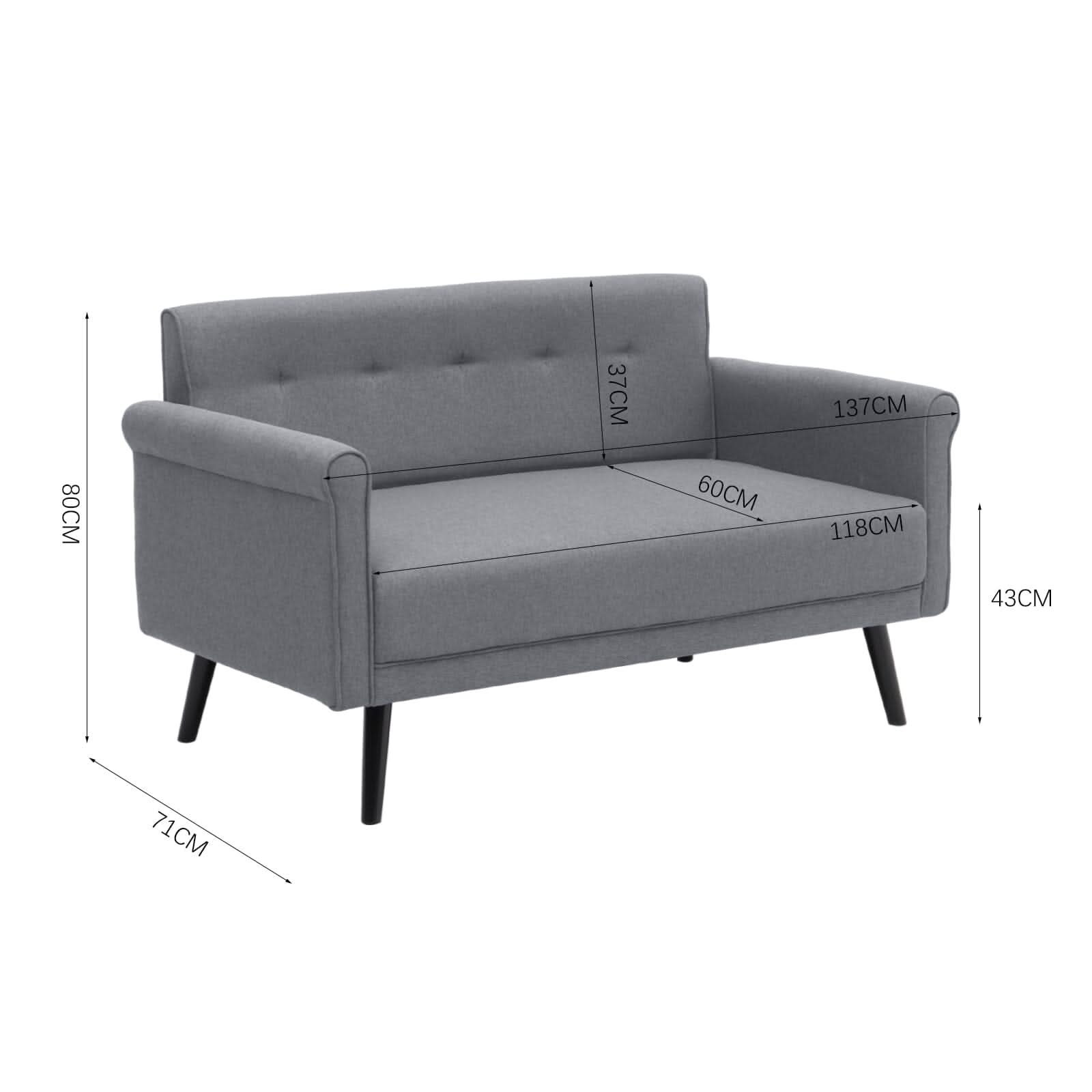 Modern Upholstered Fabric Sofa 2 Seater with 2 Pillows in Grey