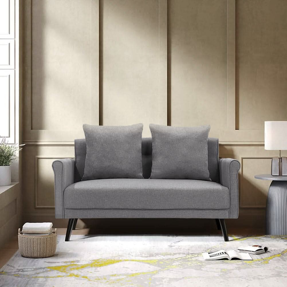 Modern Upholstered Fabric Sofa 2 Seater with 2 Pillows in Grey