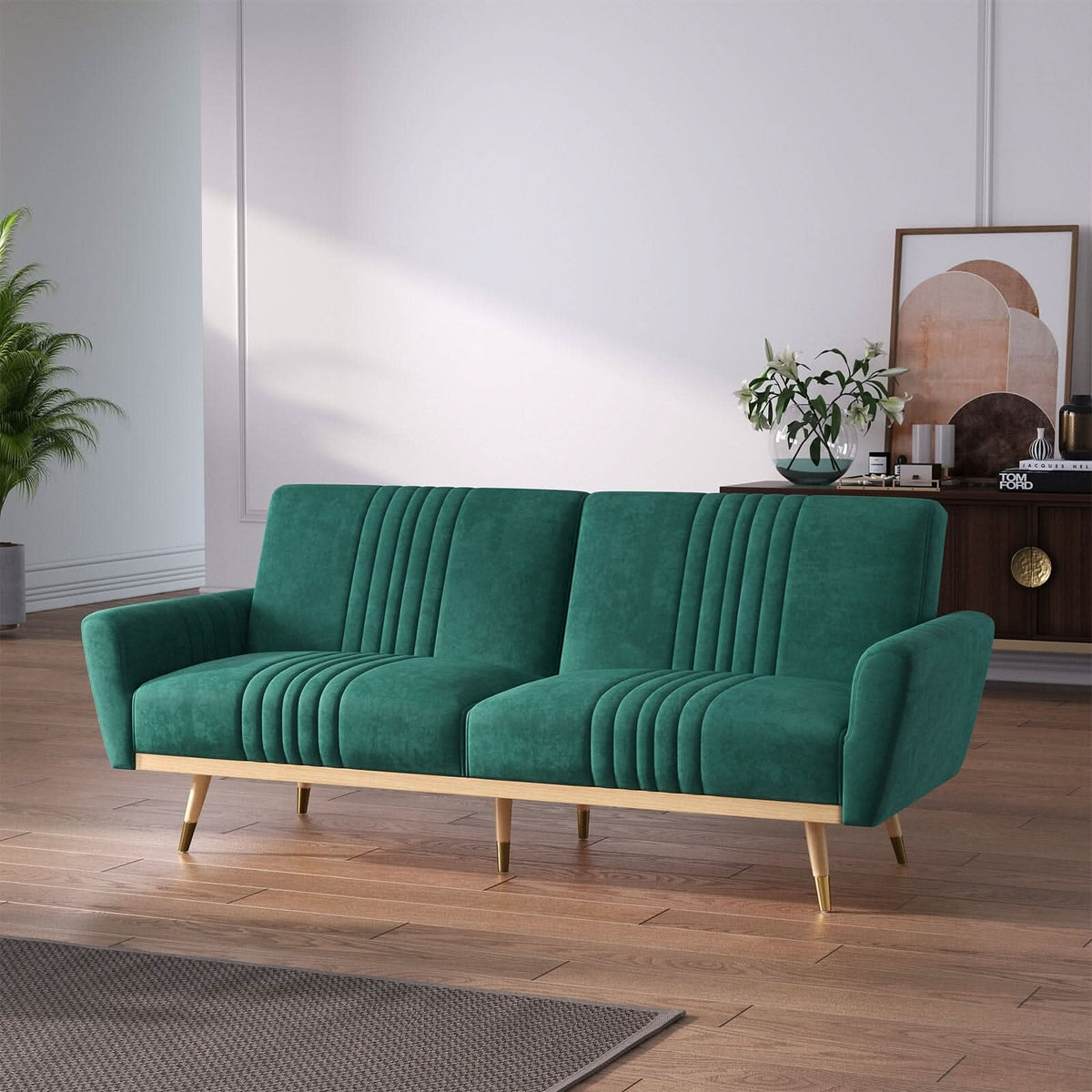 Modern Velvet 3 Seater Sofa Bed Recliner Couch with Wood Legs