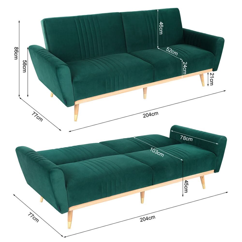 Modern Velvet 3 Seater Sofa Bed Recliner Couch with Wood Legs
