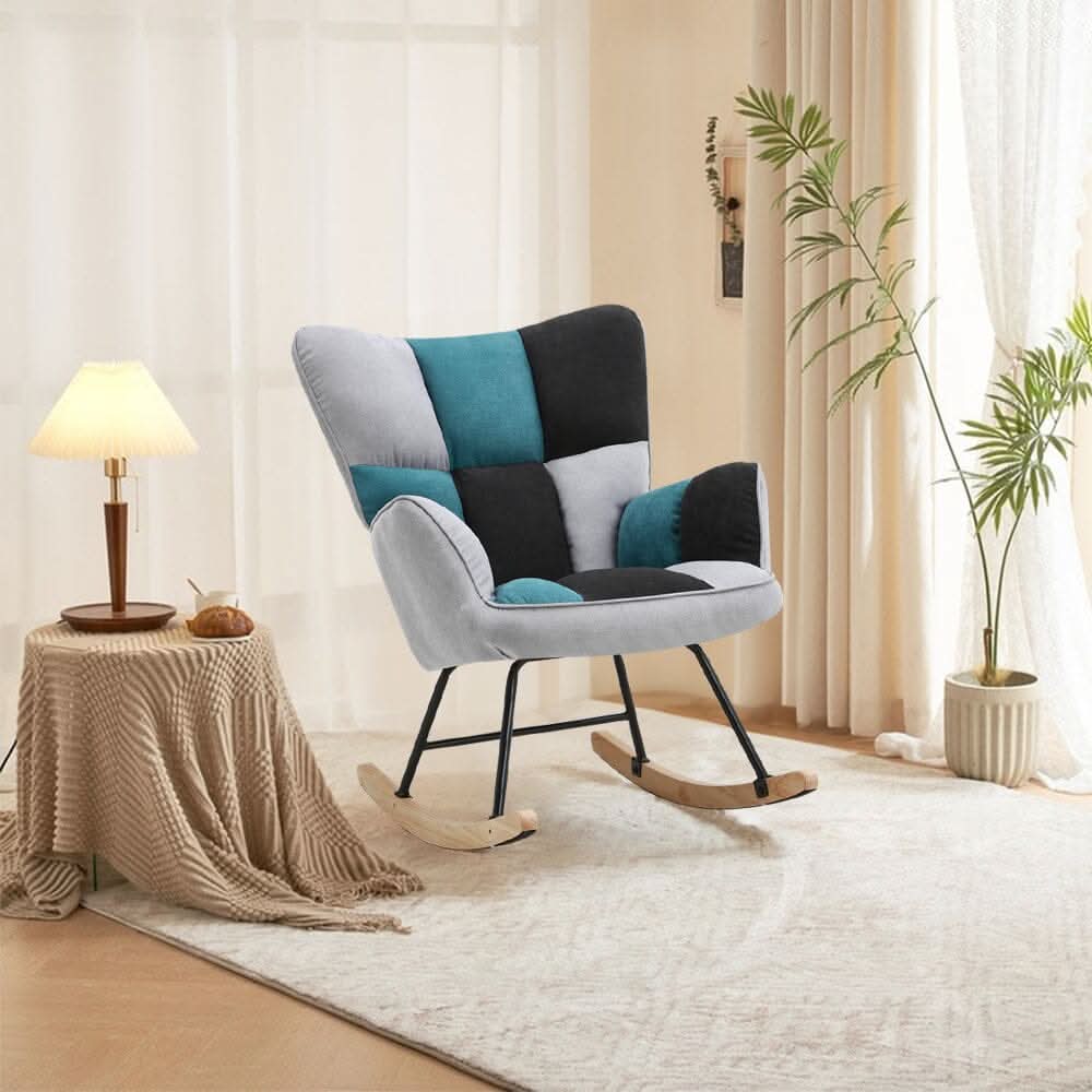 3ft Patchwork Upholstered Rocking Chair with Wooden Skates