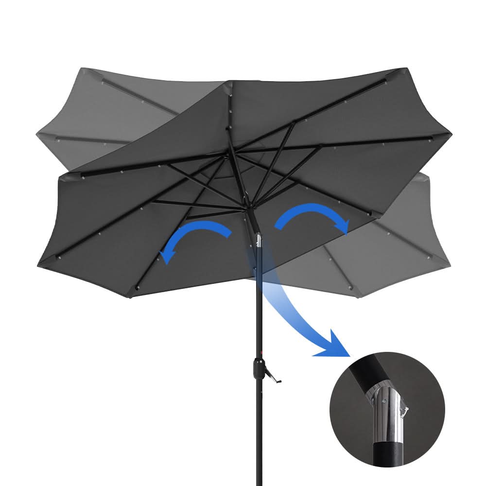 3M Garden Parasol Sun Umbrella Dark Grey Iron With Solar LED Lights