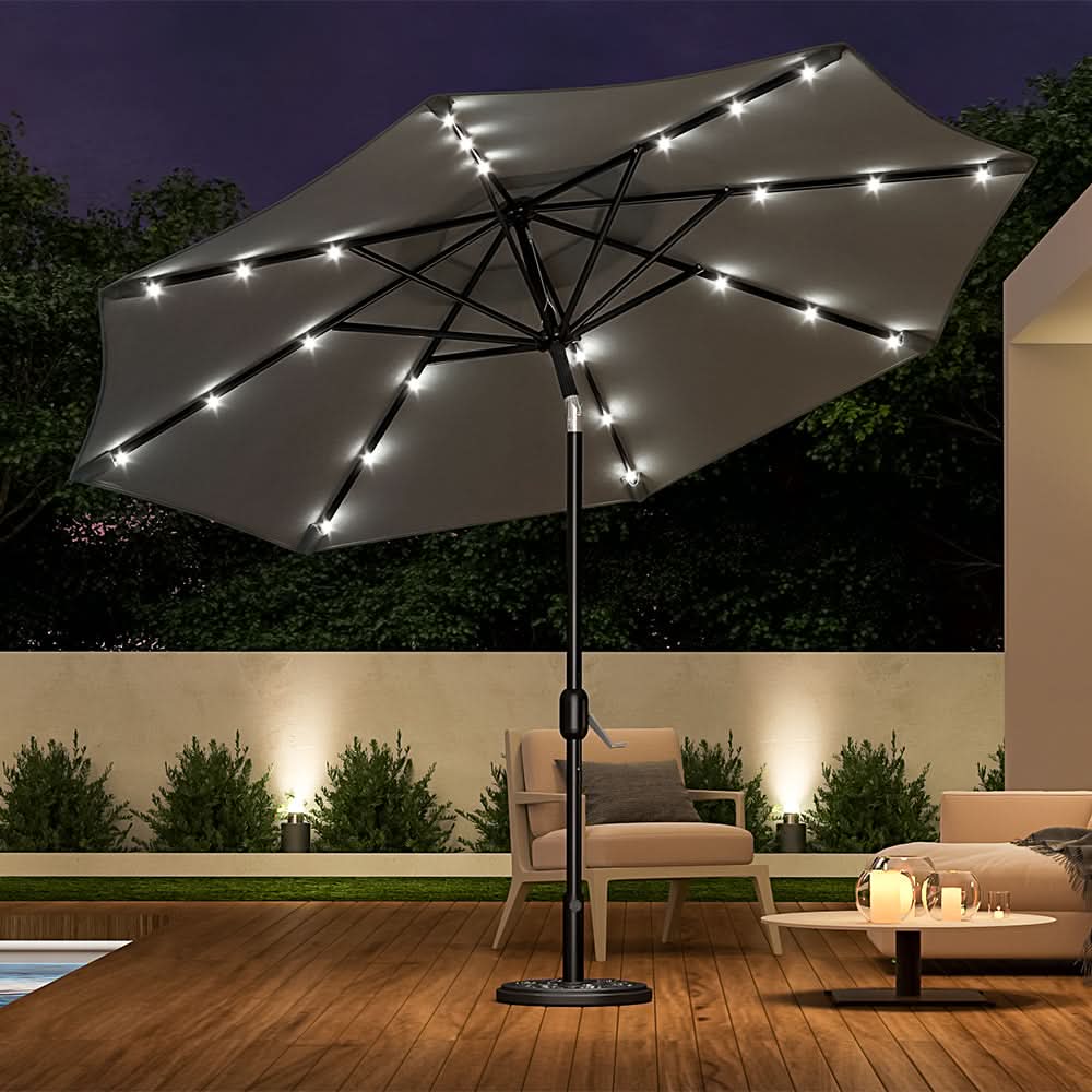 3M Garden Parasol Sun Umbrella Dark Grey Iron With Solar LED Lights