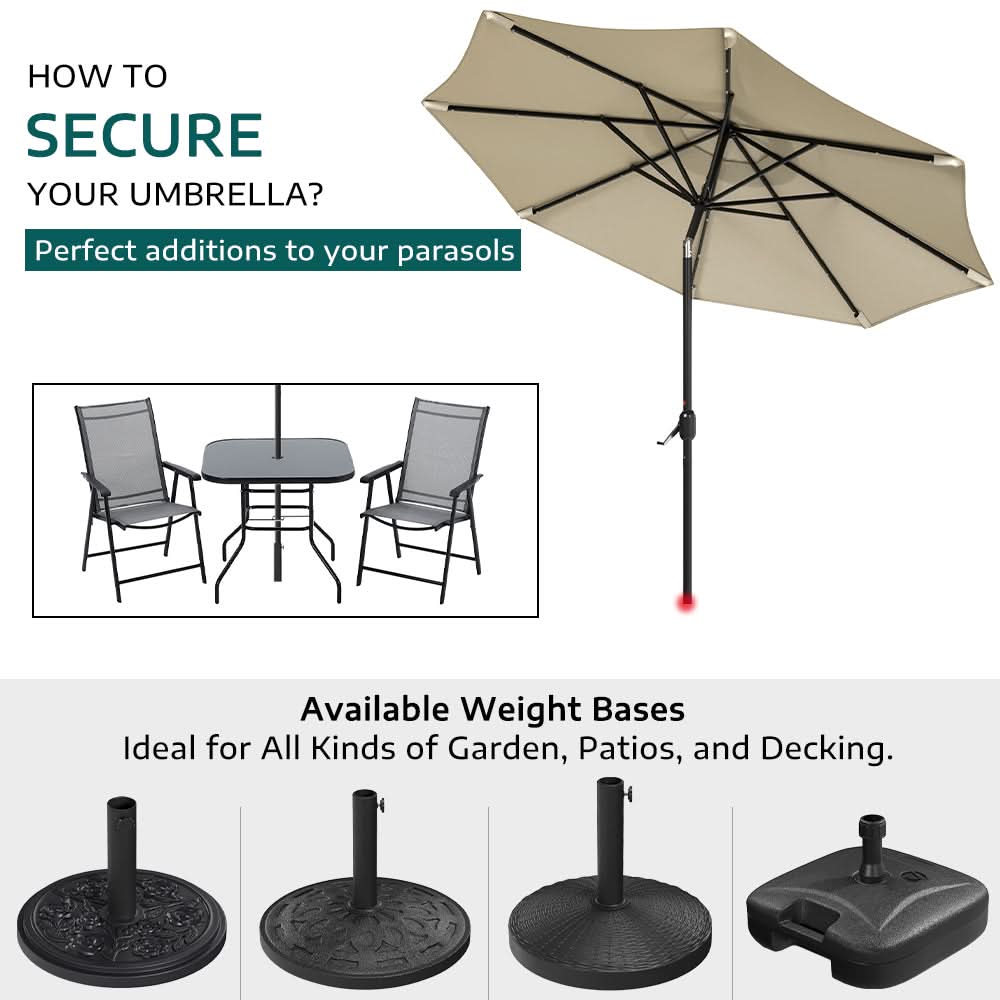 3M Garden Parasol Beige Patio Sun Umbrella Sunshade Canopy With Solar LED Lights