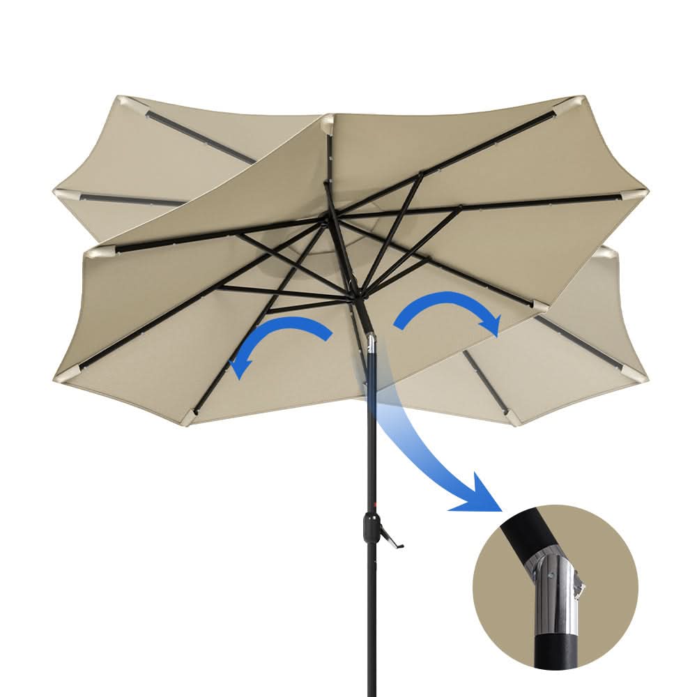 3M Garden Parasol Beige Patio Sun Umbrella Sunshade Canopy With Solar LED Lights