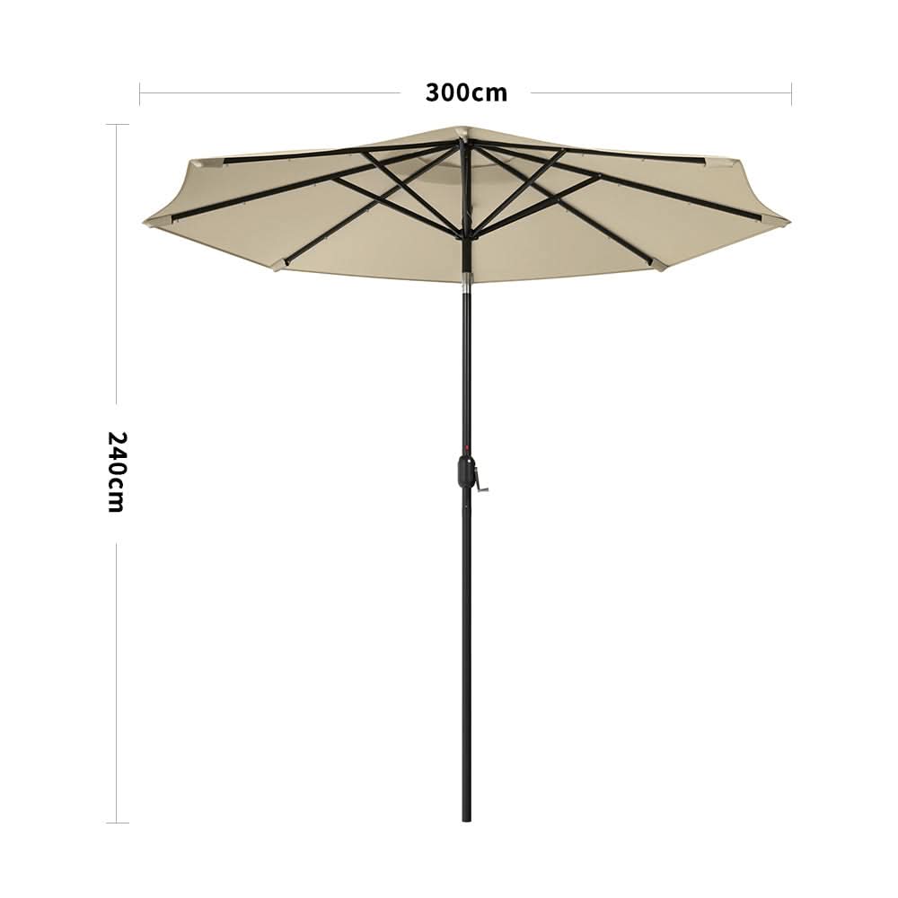 3M Garden Parasol Beige Patio Sun Umbrella Sunshade Canopy With Solar LED Lights