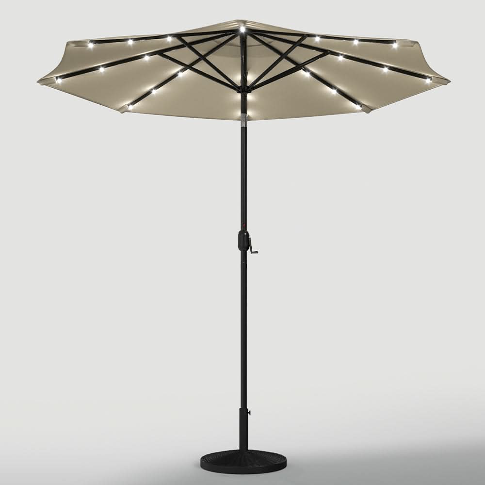 3M Garden Parasol Beige Patio Sun Umbrella Sunshade Canopy With Solar LED Lights