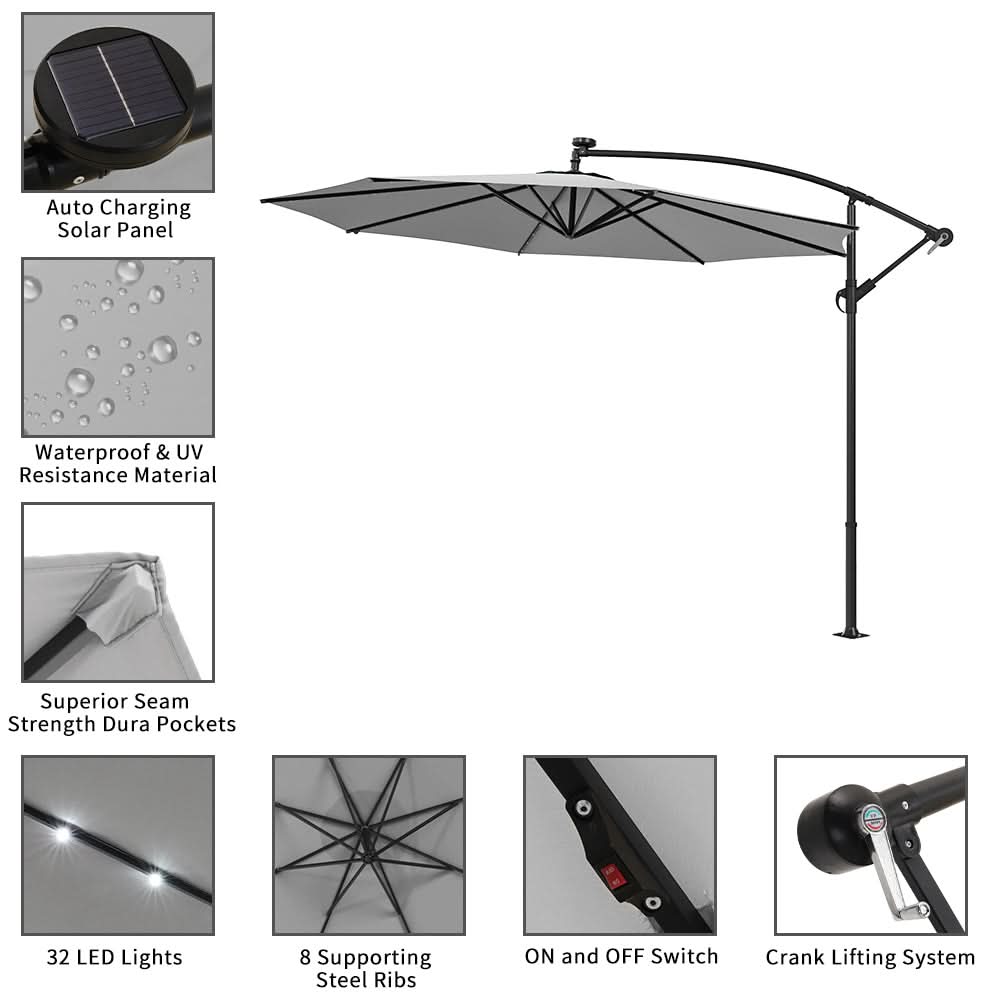 3M Cantilever Garden Parasols Light Grey Iron Banana Umbrella with LED Lights