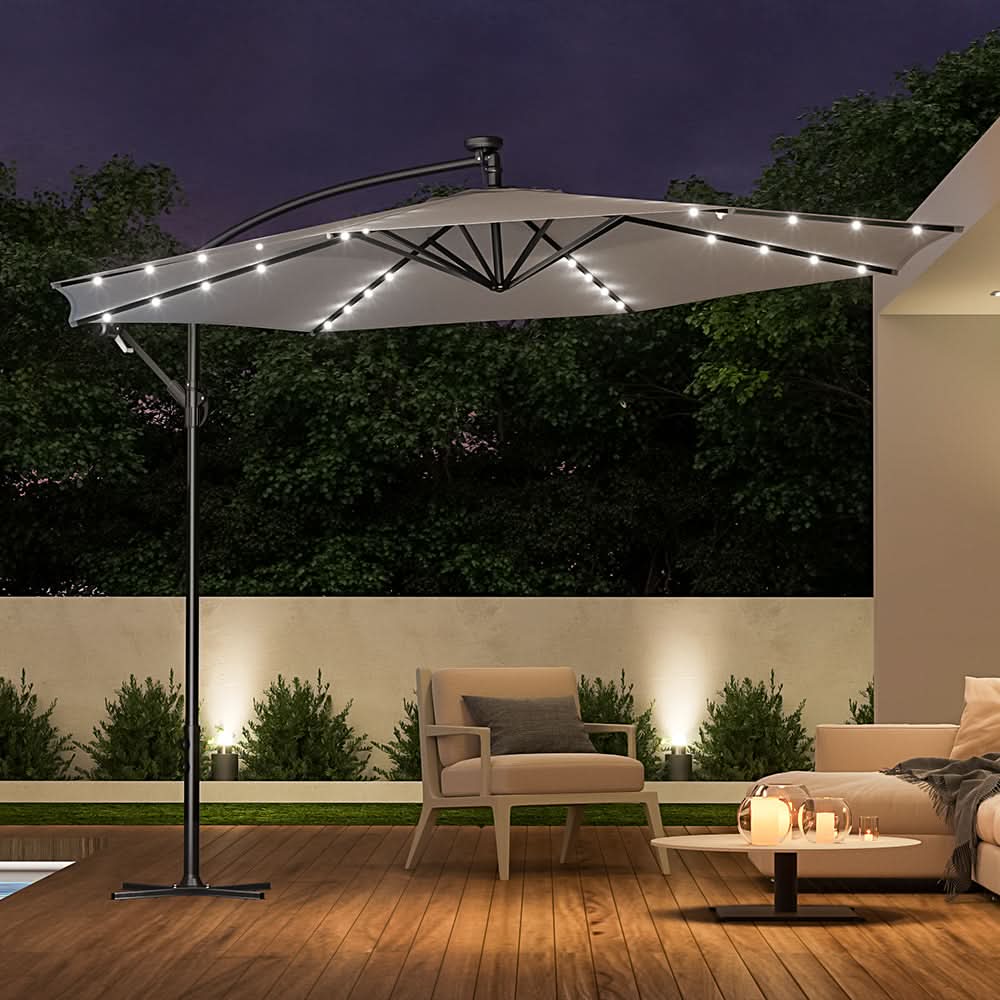 3M Cantilever Garden Parasols Light Grey Iron Banana Umbrella with LED Lights