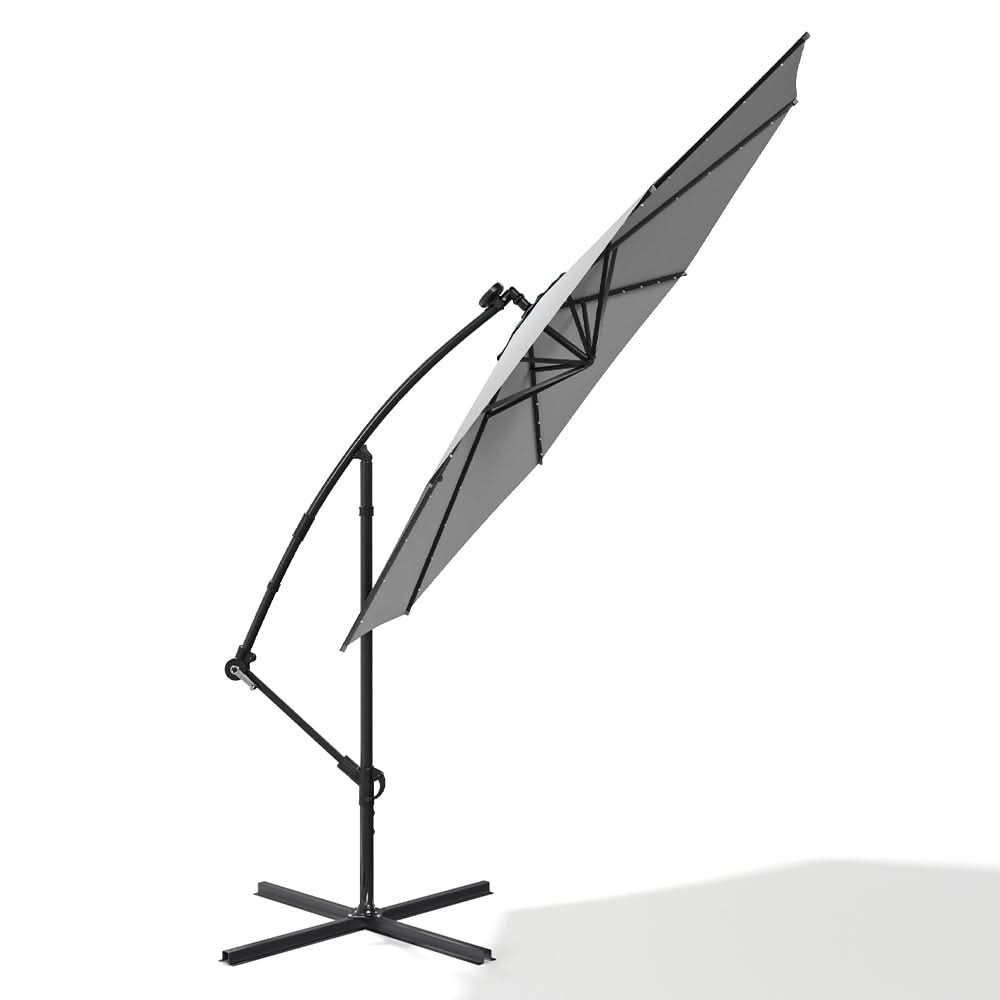 3M Cantilever Garden Parasols Light Grey Iron Banana Umbrella with LED Lights