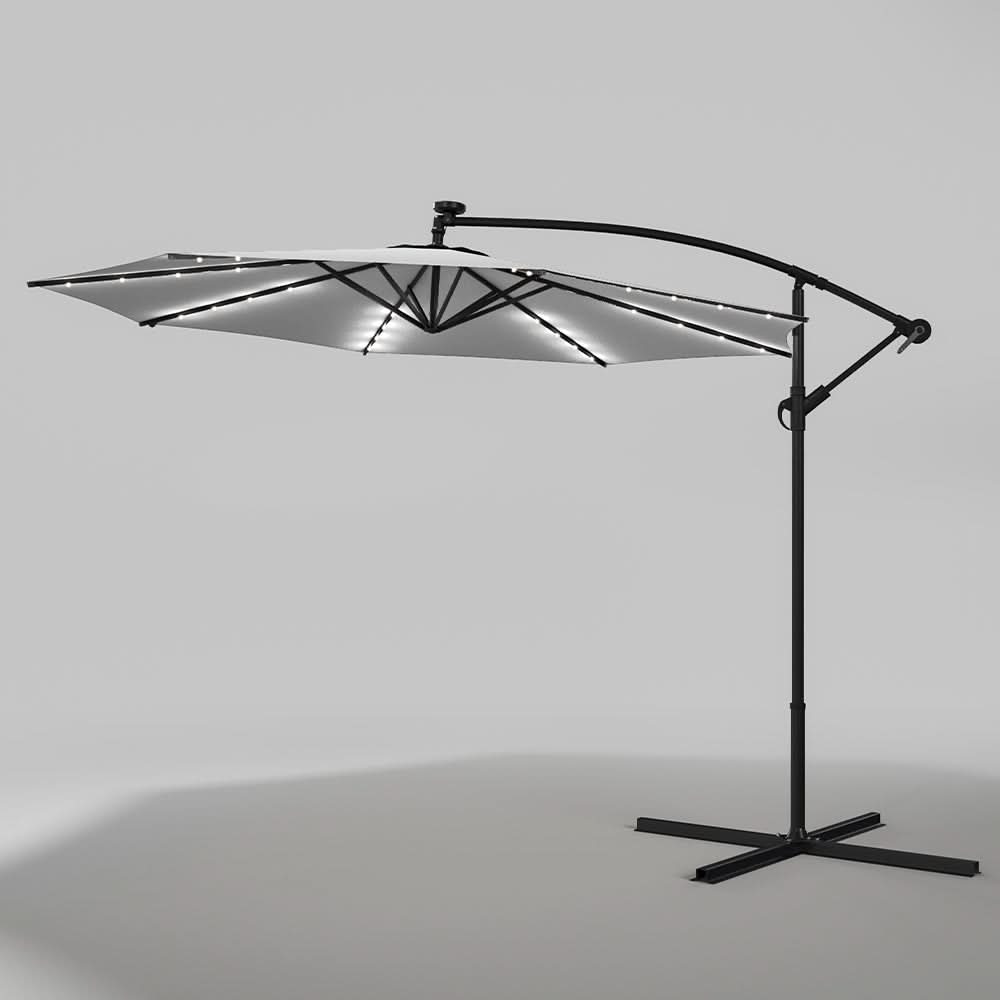 3M Cantilever Garden Parasols Light Grey Iron Banana Umbrella with LED Lights