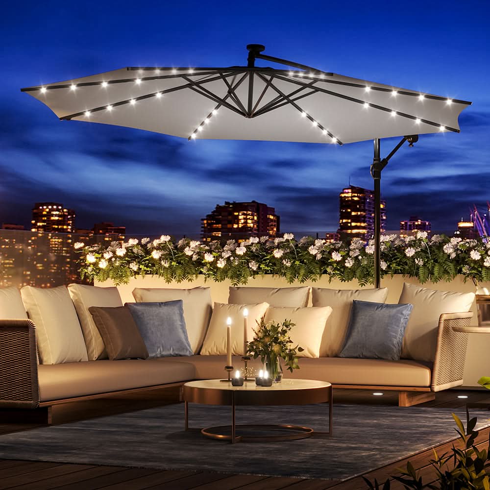 3M Cantilever Garden Parasols Light Grey Iron Banana Umbrella with LED Lights