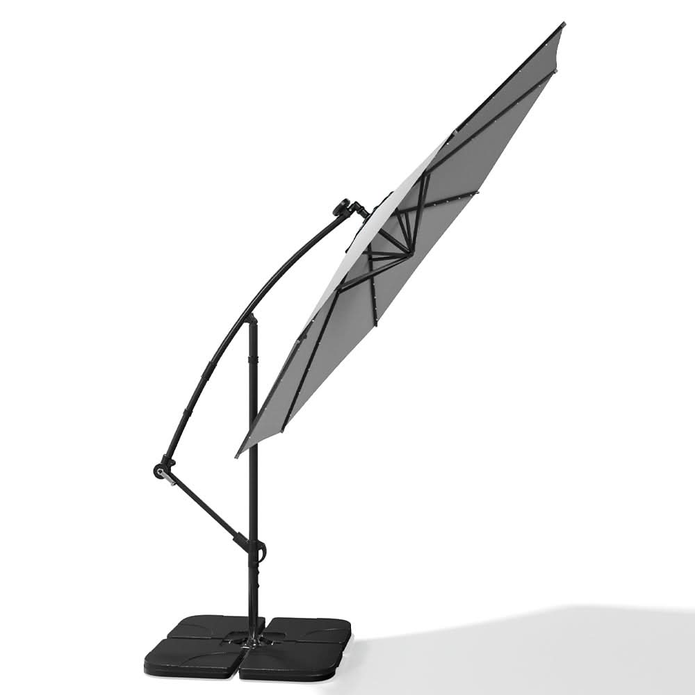 3M Cantilever Garden Parasols Light Grey Iron Banana Umbrella with LED Lights