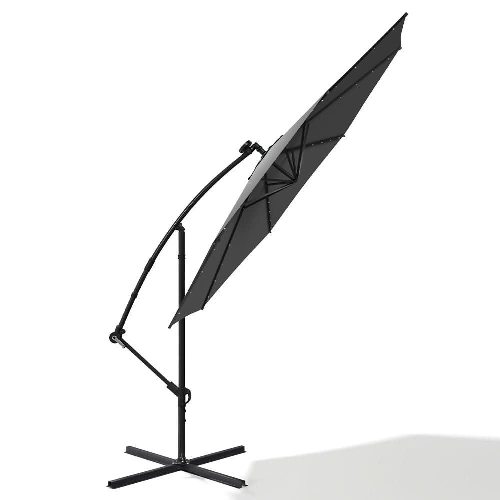 3M Cantilever Garden Parasols Dark Grey Iron Banana Umbrella with LED Lights