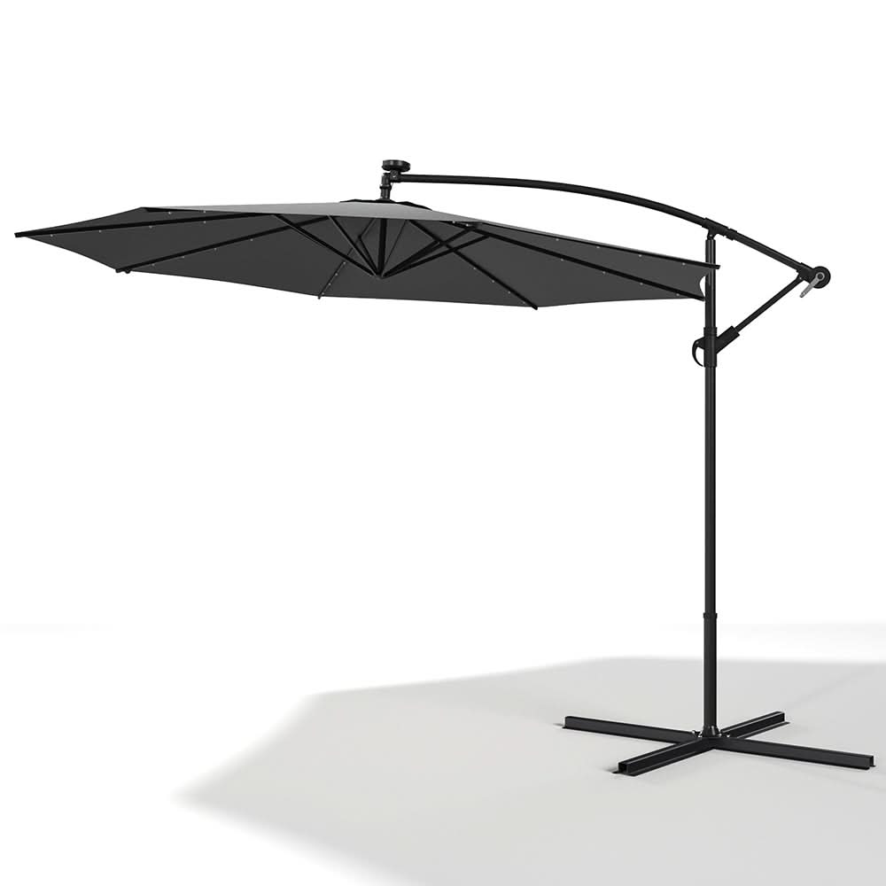 3M Cantilever Garden Parasols Dark Grey Iron Banana Umbrella with LED Lights