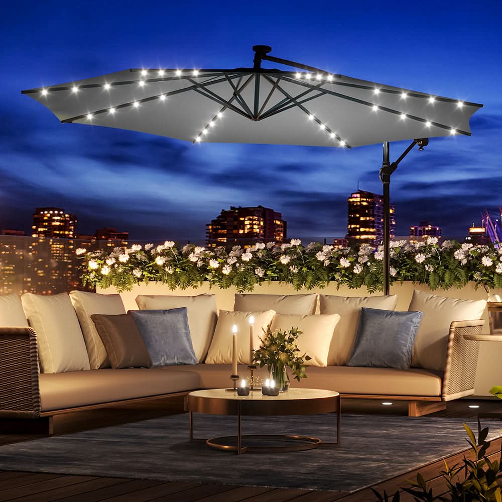 3M Cantilever Garden Parasols Dark Grey Iron Banana Umbrella with LED Lights
