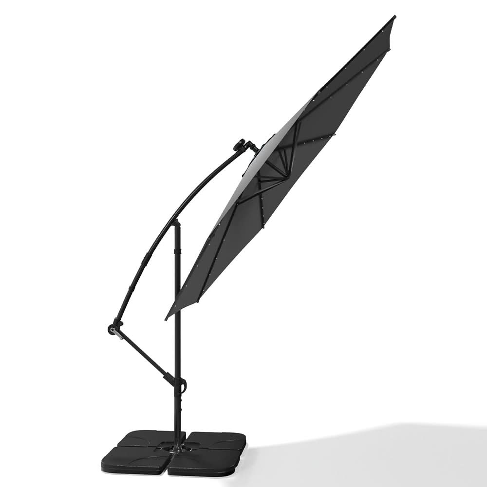 3M Cantilever Garden Parasols Dark Grey Iron Banana Umbrella with LED Lights