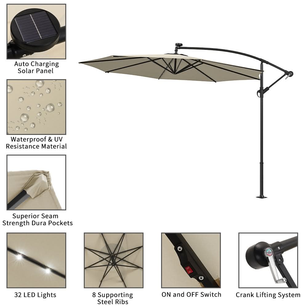 3M Cantilever Garden Parasols Beige/Light Grey/Dark Grey Iron Banana Umbrella with LED Lights