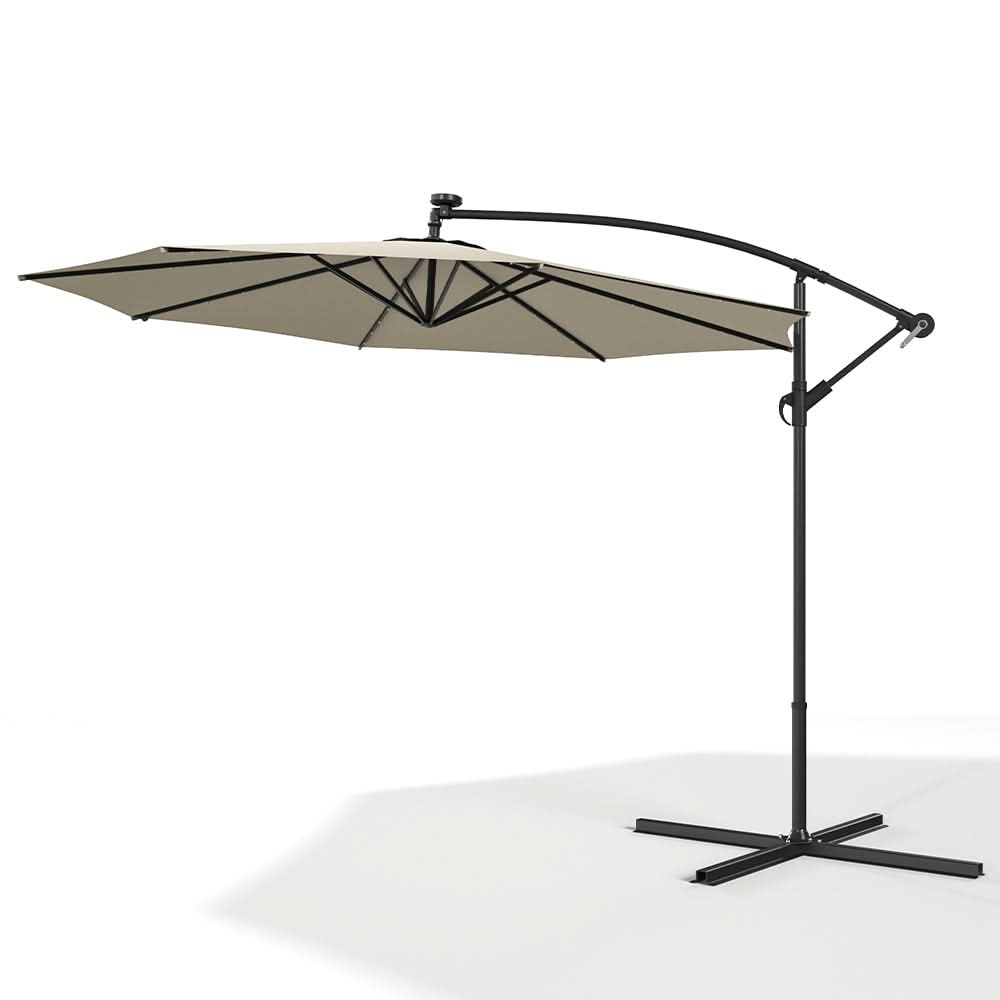 3M Cantilever Garden Parasols Beige/Light Grey/Dark Grey Iron Banana Umbrella with LED Lights