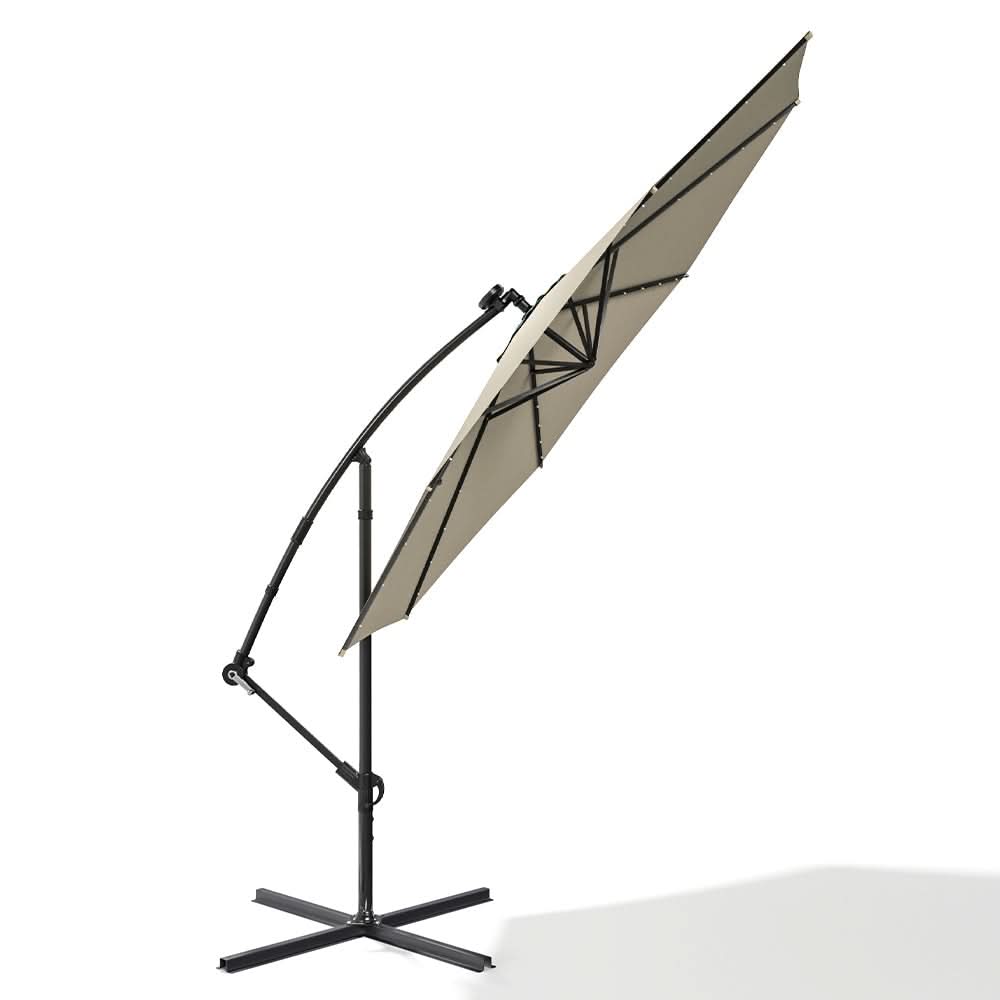 3M Cantilever Garden Parasols Beige/Light Grey/Dark Grey Iron Banana Umbrella with LED Lights