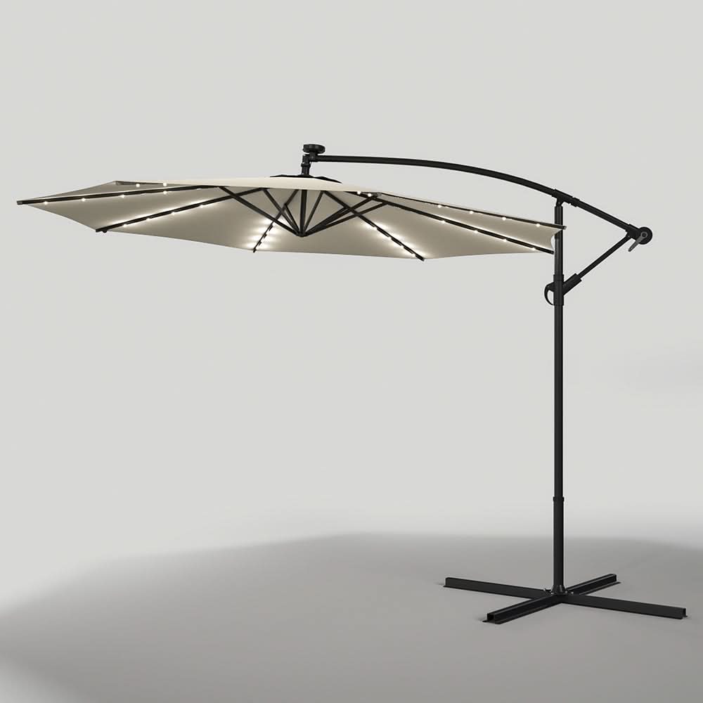3M Cantilever Garden Parasols Beige/Light Grey/Dark Grey Iron Banana Umbrella with LED Lights