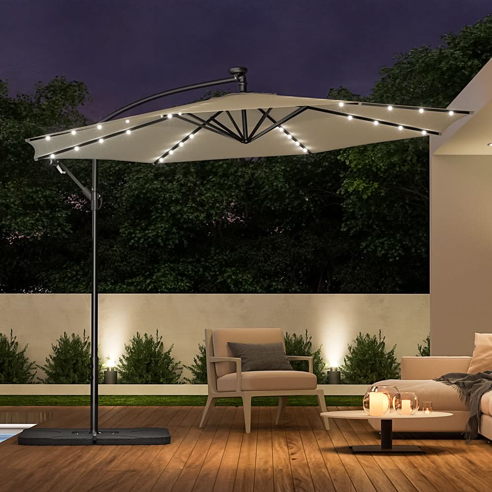 3M Cantilever Garden Parasols Beige/Light Grey/Dark Grey Iron Banana Umbrella with LED Lights