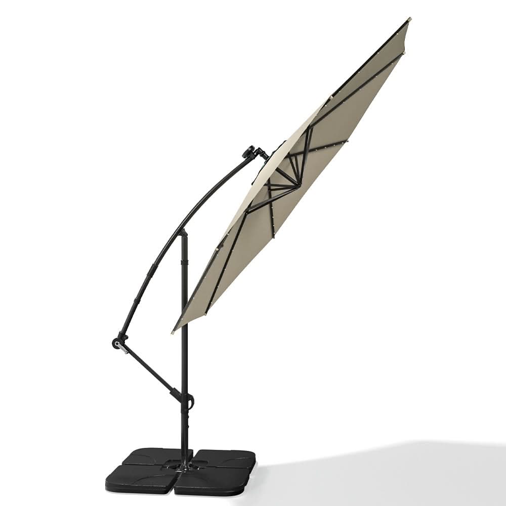 3M Cantilever Garden Parasols Beige/Light Grey/Dark Grey Iron Banana Umbrella with LED Lights